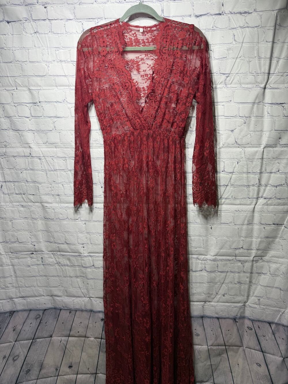 Whimsigoth Sheer Lace V-Neck Maxi Dress Red Sz L Fairy Grunge